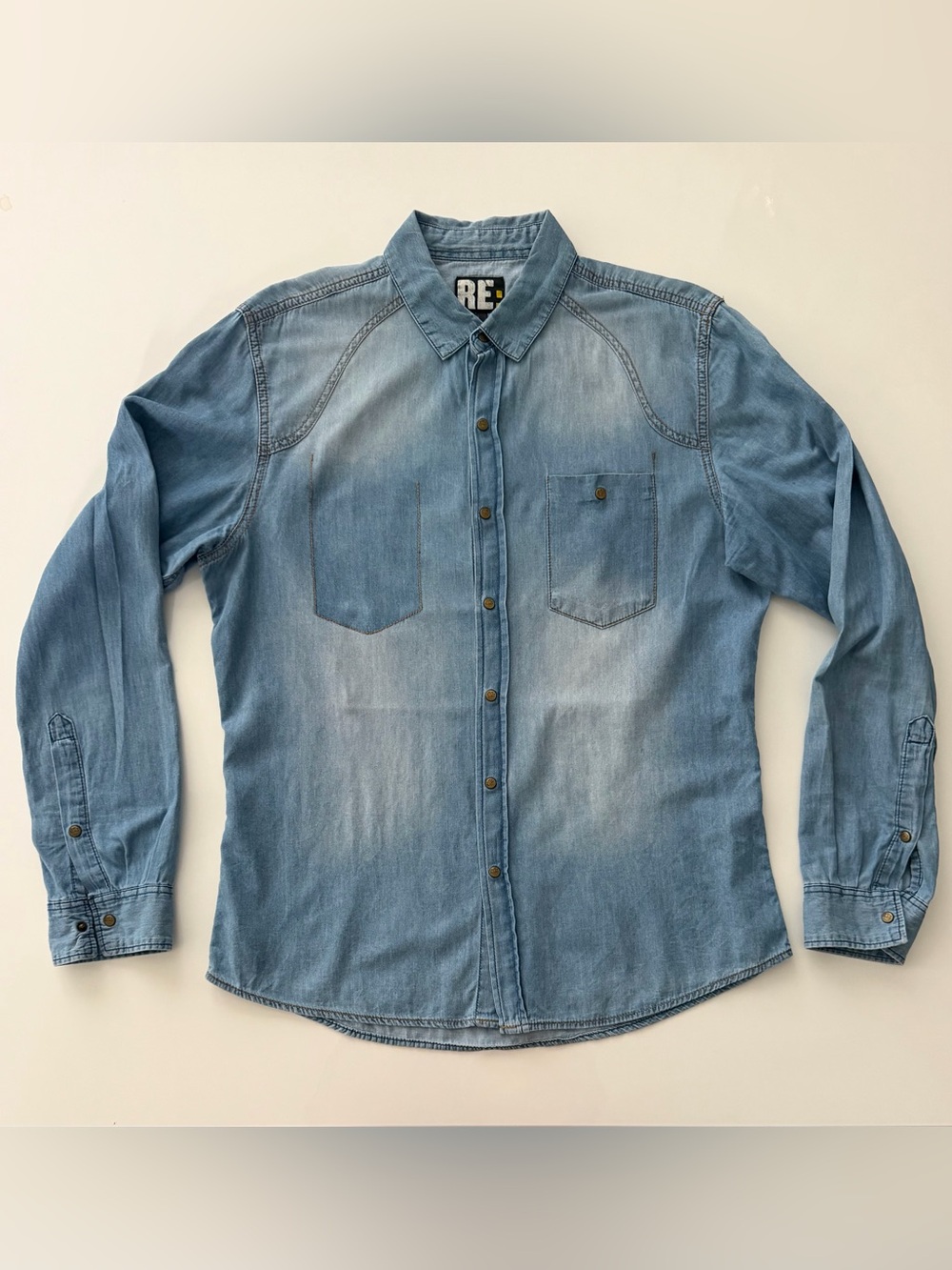 RE Woolworth Chambray Cotton Button Front Utility Shirt Blue Western M EUC